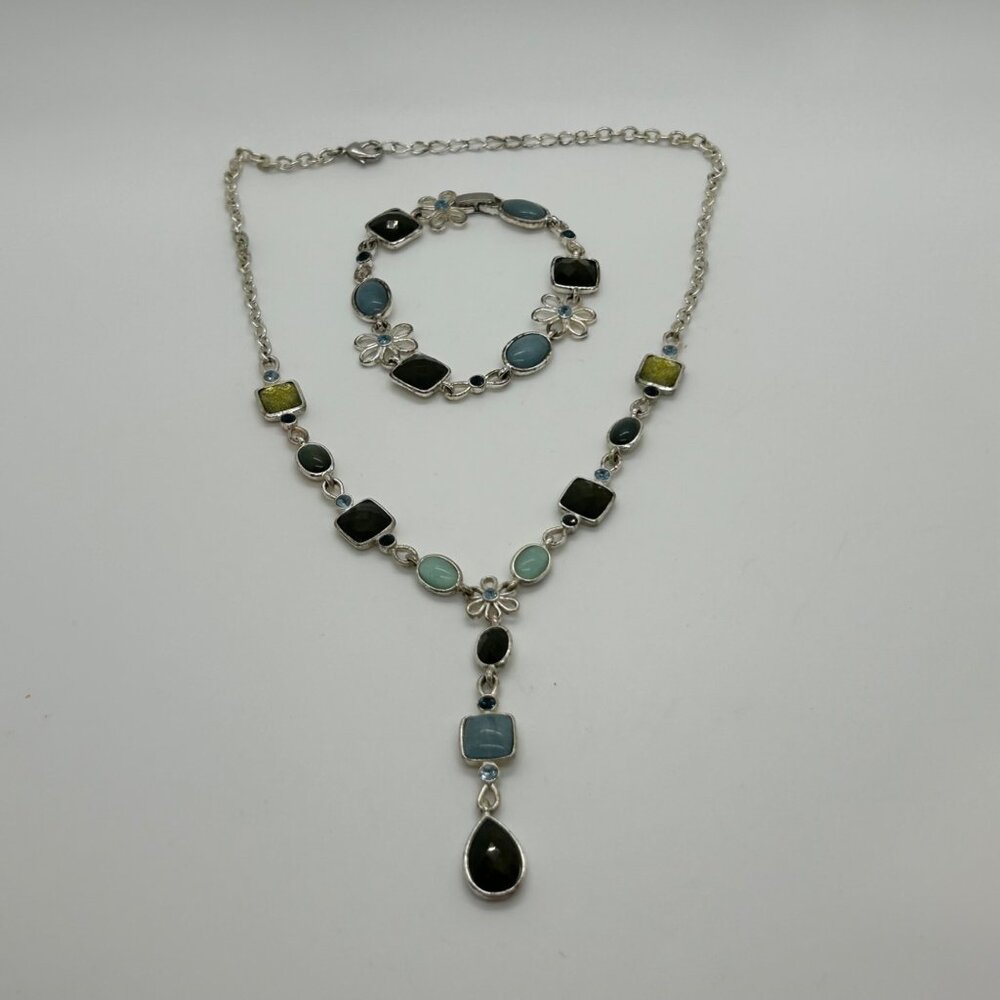 Multi Color Link Chocker Necklace & Bracelet Set Silver Setting With Multi Color - Picture 7 of 16